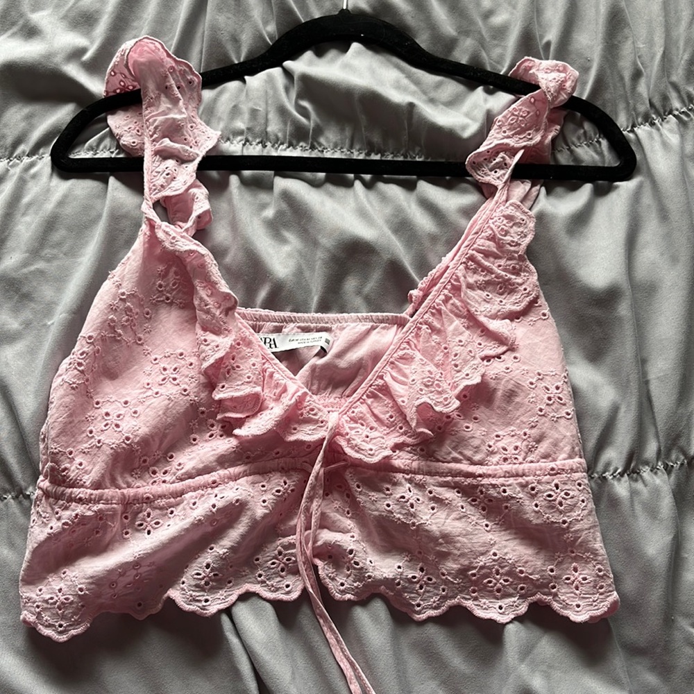 Pink zara ruffle tie blouse